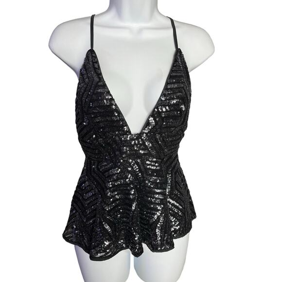 Forever 21 black sequin lace cross back spaghetti strap peplum plunge top medium - Picture 1 of 7